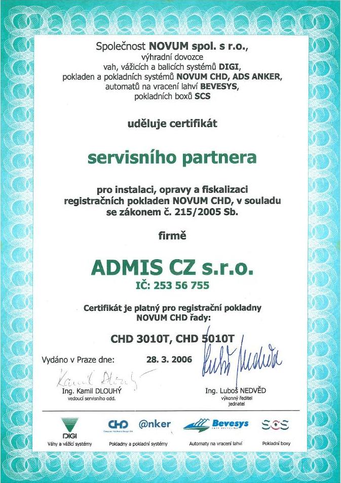 Certifikát NOVUM pro ADMIS CZ