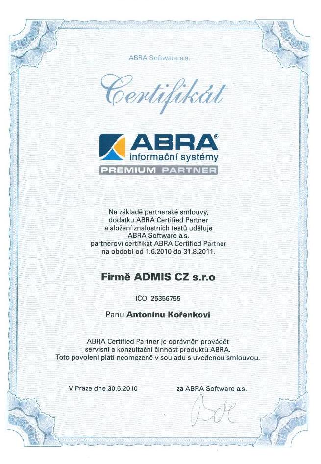 Certifikát ABRA Premium partner